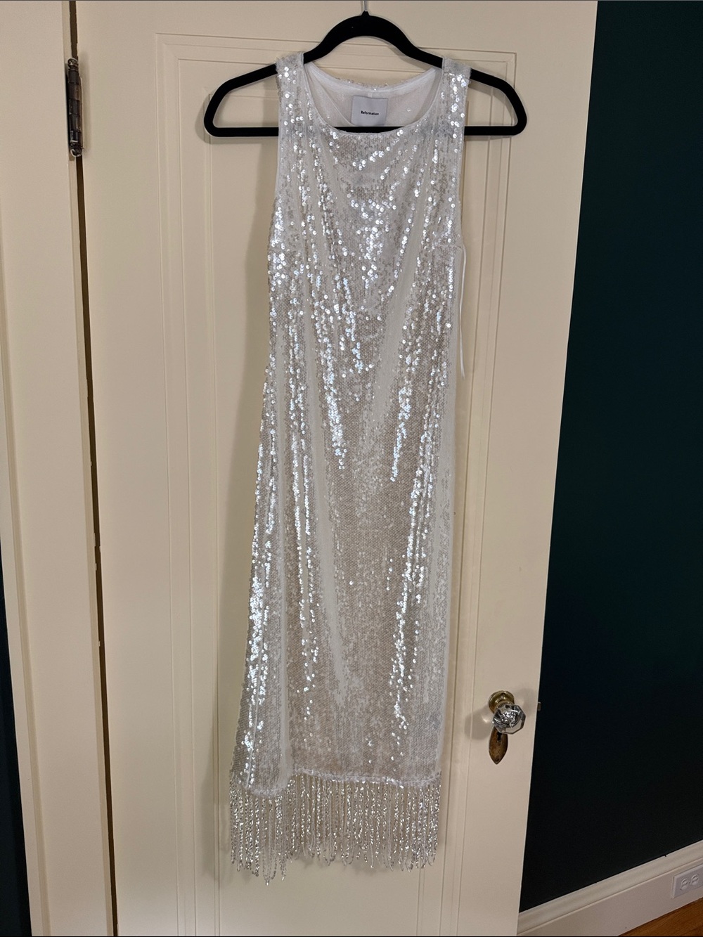 Reformation Silver Sequin Fringe Maxi Dress